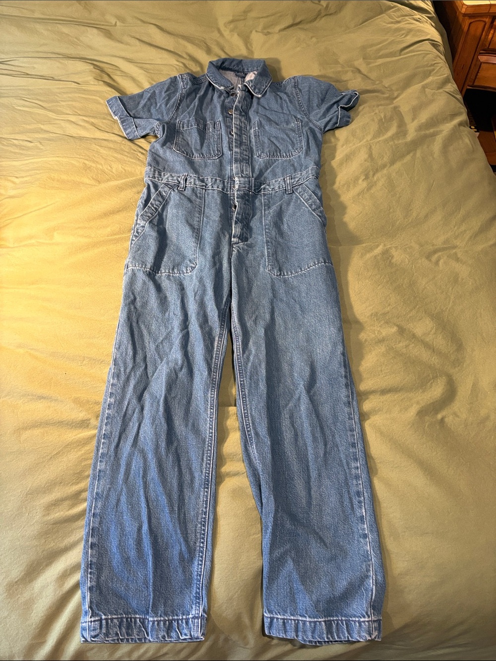 Denim Short-Sleeve Utility Jumpsuit - Light Blue